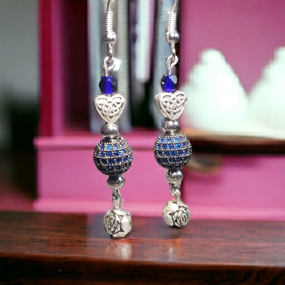 Silver Heart and Rose Beaded, Sapphire Accented Handcrafted Earrings - Picture 6 of 8